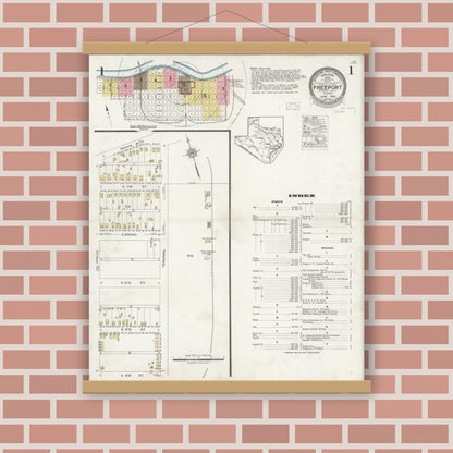 Old map wall art mockup — magnetic wood frame on brick wall — Sanborn Fire Insurance Map from Freeport, Brazoria County, Texas (1926), Sheet #0001