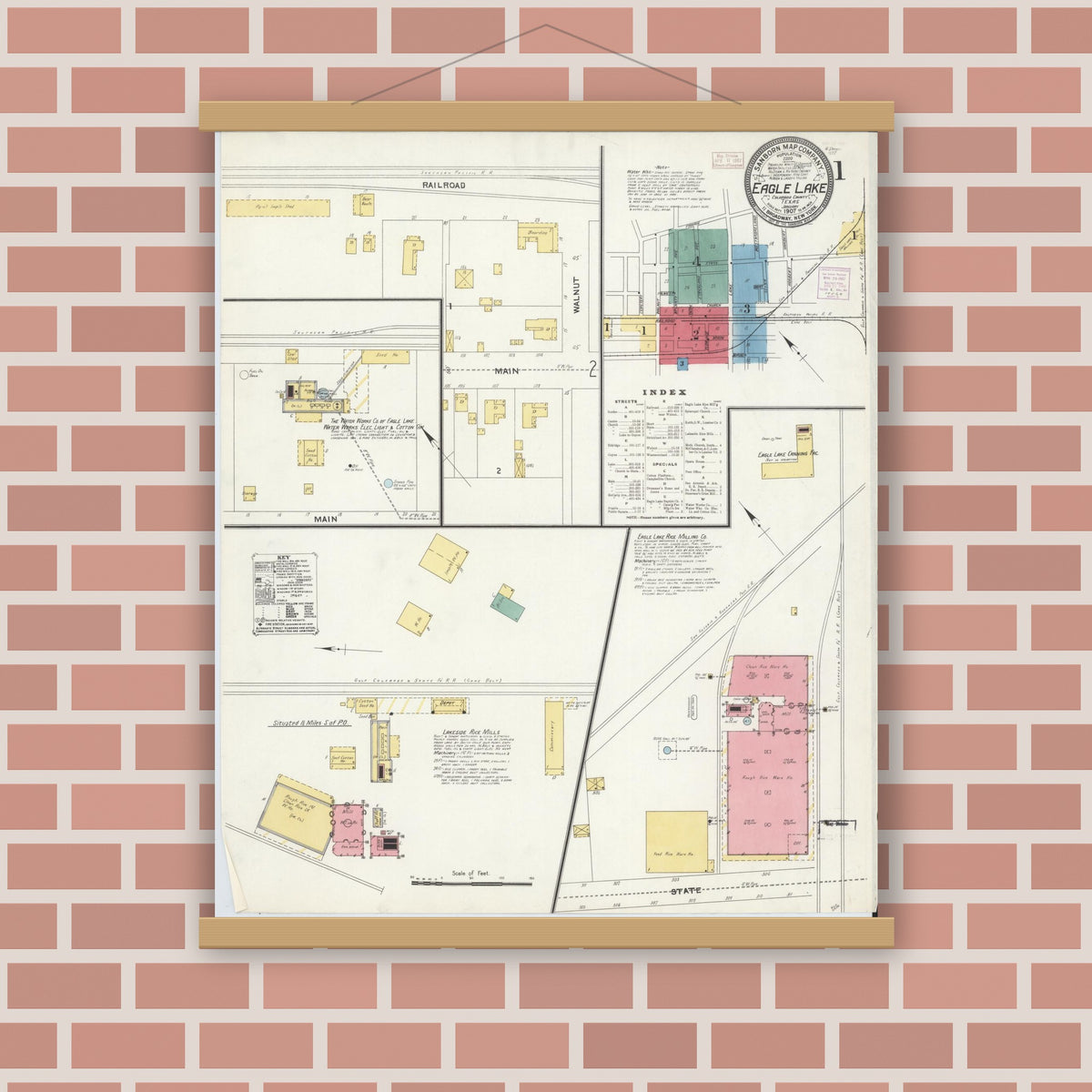 Old map wall art mockup — magnetic wood frame on brick wall — Sanborn Fire Insurance Map from Eagle Lake, Colorado County, Texas (1907) - Complete Map Set