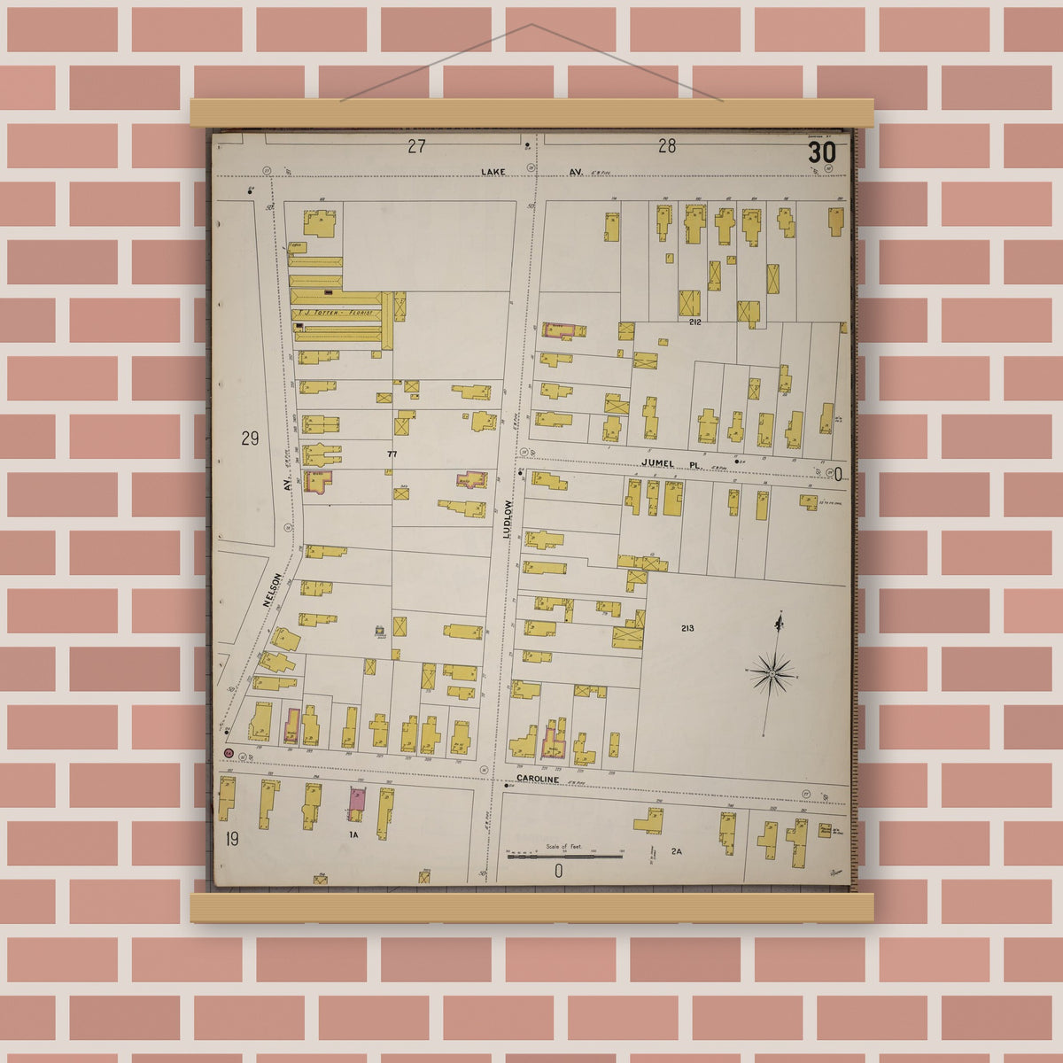 Old map wall art mockup — magnetic wood frame on brick wall — Sanborn Fire Insurance Map from Saratoga, Saratoga County, New York (1900), Sheet #0030
