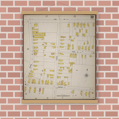 Old map wall art mockup — magnetic wood frame on brick wall — Sanborn Fire Insurance Map from Saratoga, Saratoga County, New York (1900), Sheet #0030