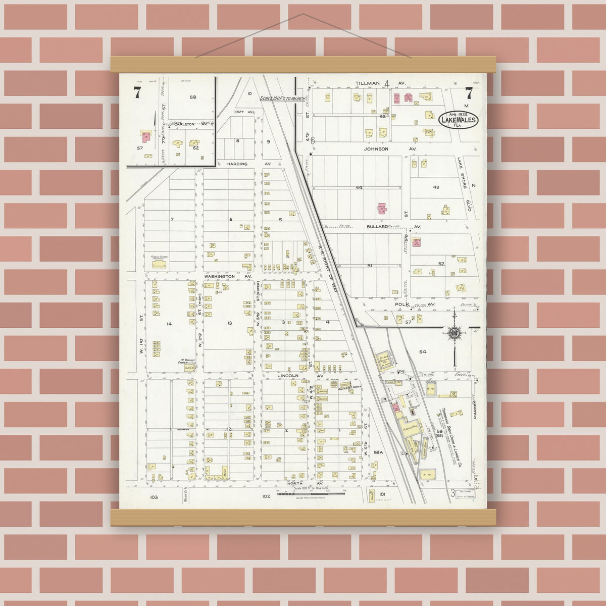 Old map wall art mockup — magnetic wood frame on brick wall — Sanborn Fire Insurance Map from Lake Wales, Polk County, Florida (1924), Sheet #0007