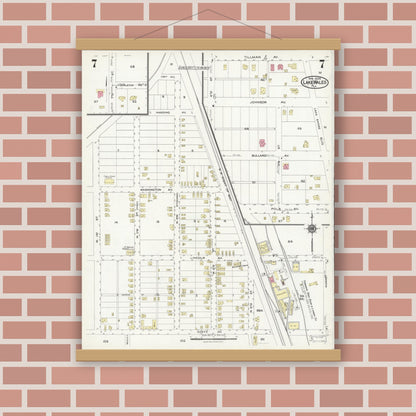 Old map wall art mockup — magnetic wood frame on brick wall — Sanborn Fire Insurance Map from Lake Wales, Polk County, Florida (1924), Sheet #0007