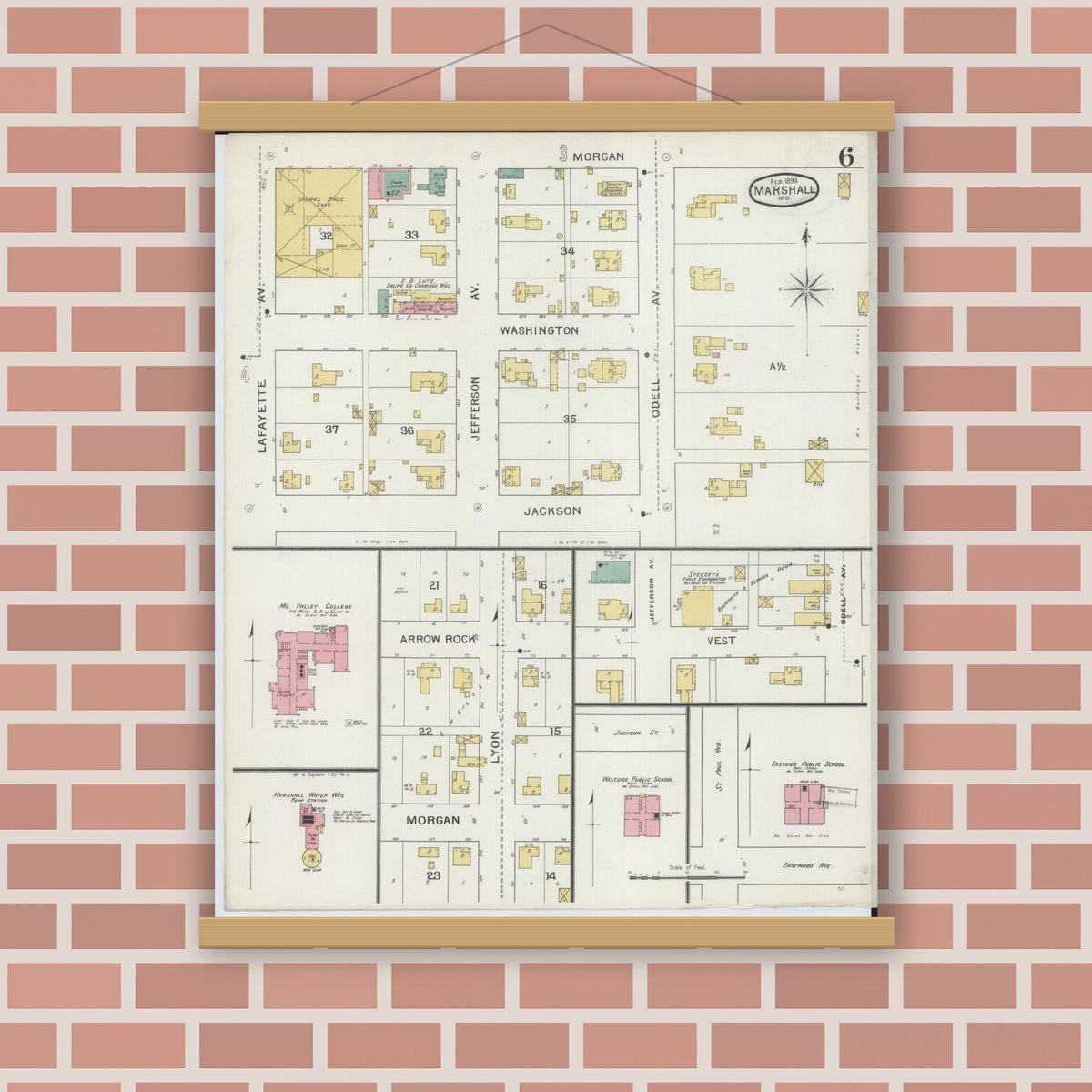 Old map wall art mockup — magnetic wood frame on brick wall — Sanborn Fire Insurance Map from Marshall, Saline County, Missouri (1894), Sheet #0006
