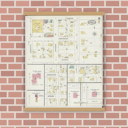 Old map wall art mockup — magnetic wood frame on brick wall — Sanborn Fire Insurance Map from Marshall, Saline County, Missouri (1894), Sheet #0006