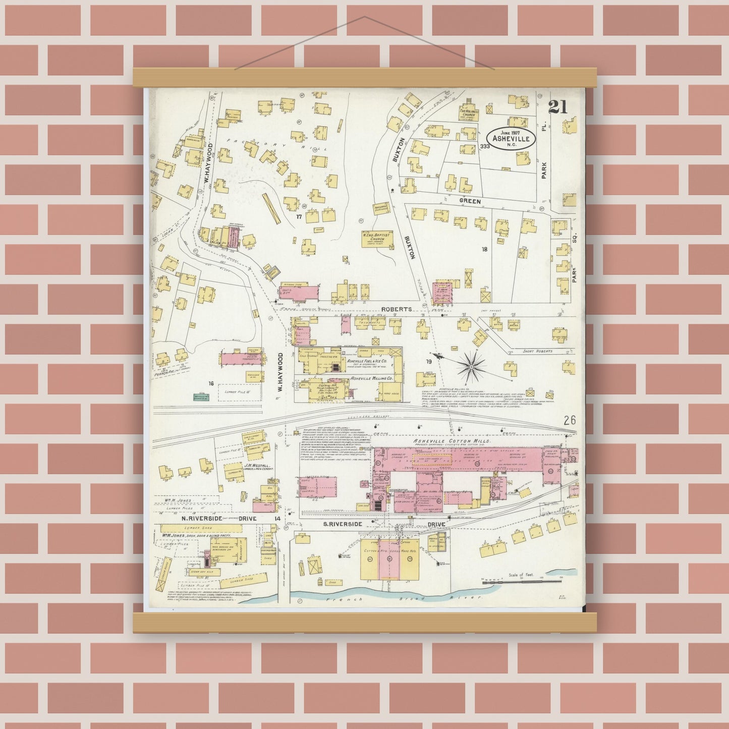 Old map wall art mockup — magnetic wood frame on brick wall — Sanborn Fire Insurance Map from Asheville, Buncombe County, North Carolina (1907), Sheet #0021