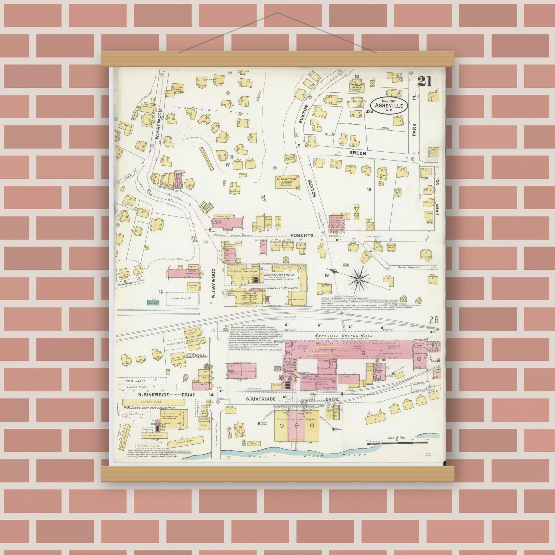 Old map wall art mockup — magnetic wood frame on brick wall — Sanborn Fire Insurance Map from Asheville, Buncombe County, North Carolina (1907), Sheet #0021