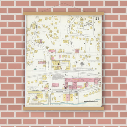 Old map wall art mockup — magnetic wood frame on brick wall — Sanborn Fire Insurance Map from Asheville, Buncombe County, North Carolina (1907), Sheet #0021