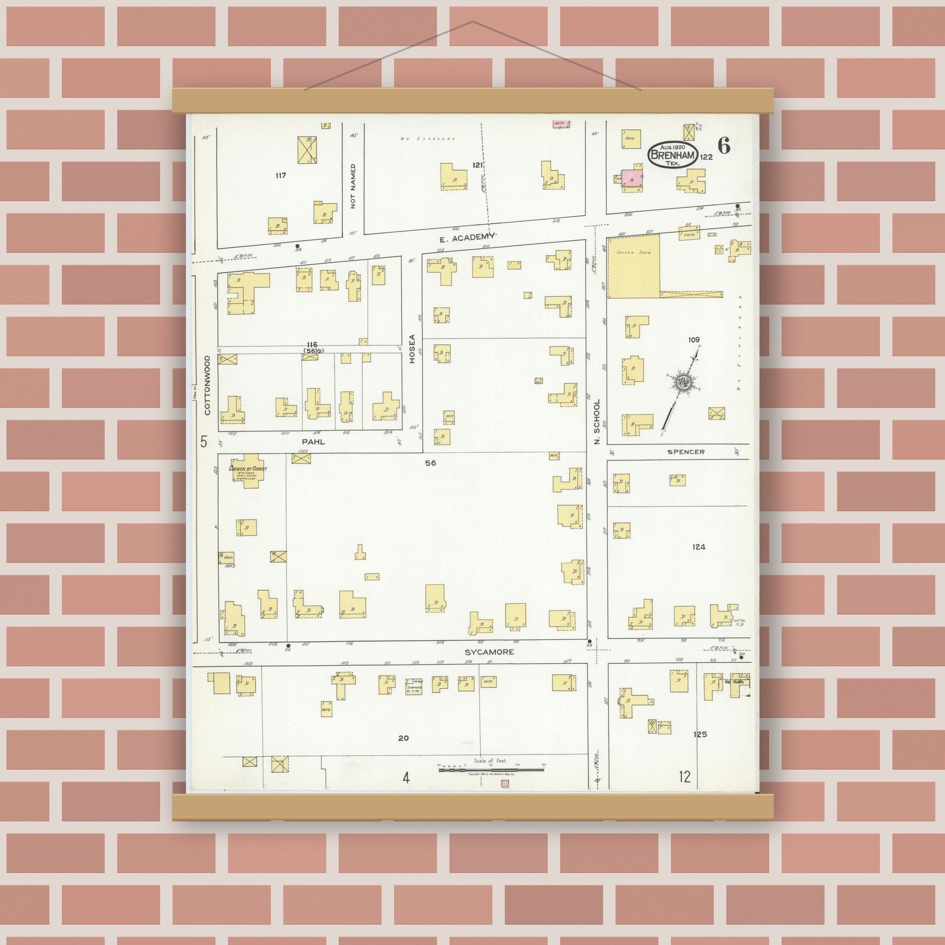 Old map wall art mockup — magnetic wood frame on brick wall — Sanborn Fire Insurance Map from Brenham, Washington County, Texas (1920), Sheet #0006