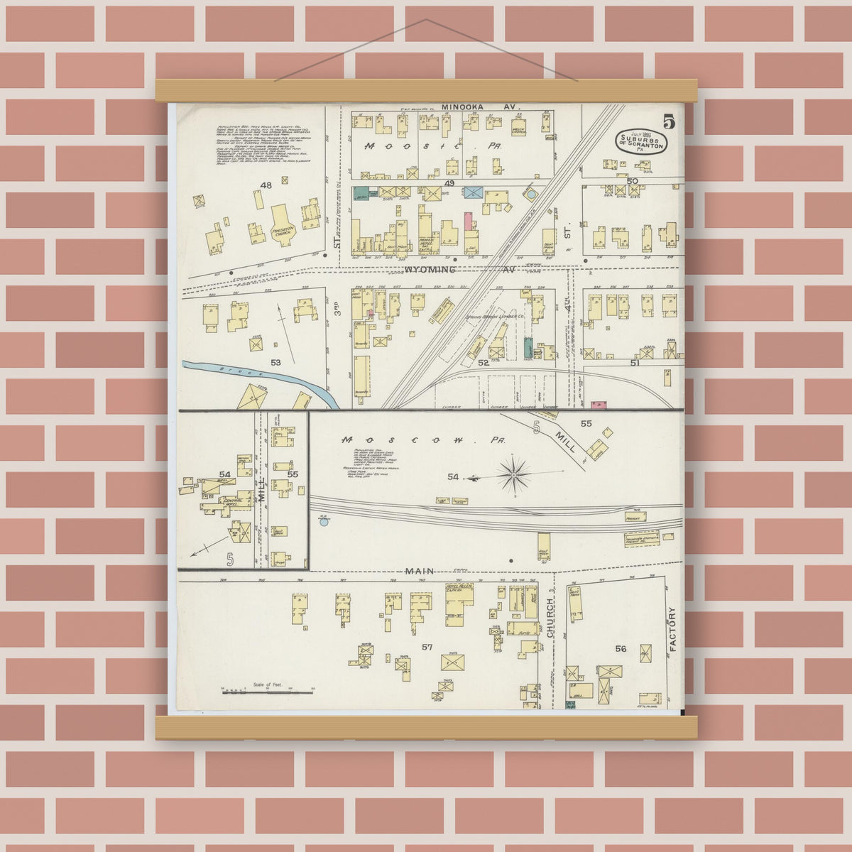Old map wall art mockup — magnetic wood frame on brick wall — Sanborn Fire Insurance Map from Scranton Suburbs, Lackawanna County, Pennsylvania (1893), Sheet #0005