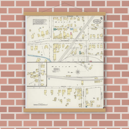 Old map wall art mockup — magnetic wood frame on brick wall — Sanborn Fire Insurance Map from Scranton Suburbs, Lackawanna County, Pennsylvania (1893), Sheet #0005