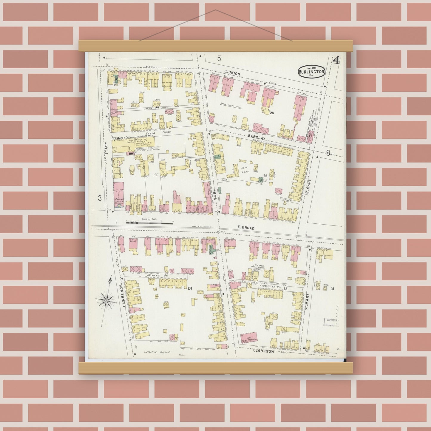 Old map wall art mockup — magnetic wood frame on brick wall — Sanborn Fire Insurance Map from Burlington, Burlington County, New Jersey (1896), Sheet #0004