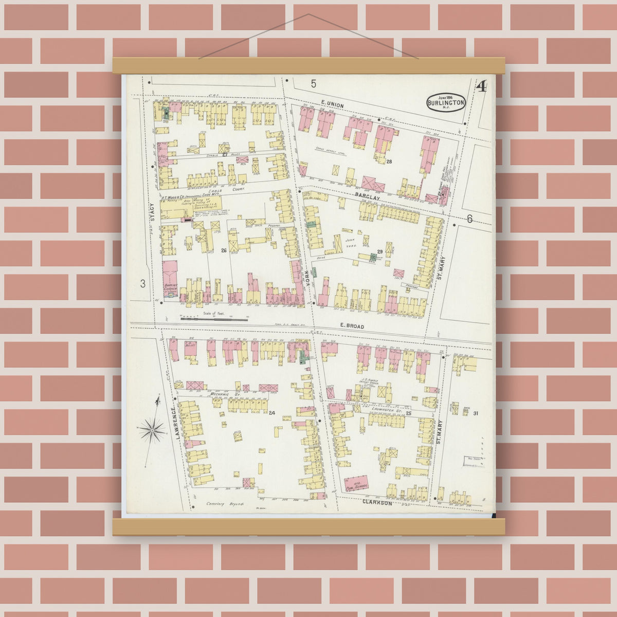 Old map wall art mockup — magnetic wood frame on brick wall — Sanborn Fire Insurance Map from Burlington, Burlington County, New Jersey (1896), Sheet #0004
