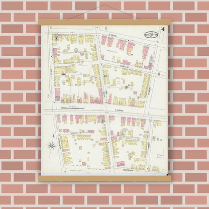 Old map wall art mockup — magnetic wood frame on brick wall — Sanborn Fire Insurance Map from Burlington, Burlington County, New Jersey (1896), Sheet #0004