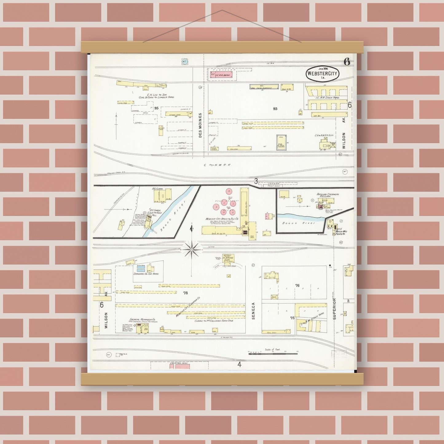 Old map wall art mockup — magnetic wood frame on brick wall — Sanborn Fire Insurance Map from Webster City, Hamilton County, Iowa (1896), Sheet #0006