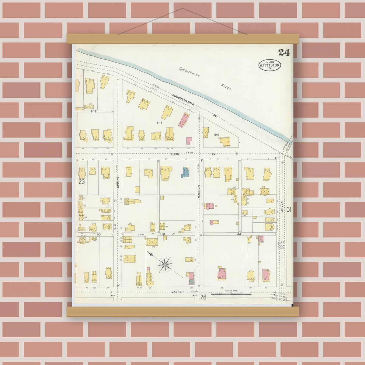 Old map wall art mockup — magnetic wood frame on brick wall — Sanborn Fire Insurance Map from Pittston, Luzerne County, Pennsylvania (1903), Sheet #0024