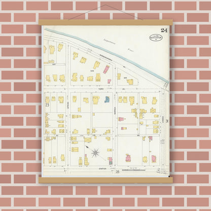 Old map wall art mockup — magnetic wood frame on brick wall — Sanborn Fire Insurance Map from Pittston, Luzerne County, Pennsylvania (1903), Sheet #0024