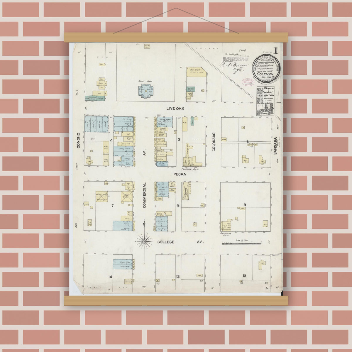 Old map wall art mockup — magnetic wood frame on brick wall — Sanborn Fire Insurance Map from Coleman, Coleman County, Texas (1888), Sheet #0001