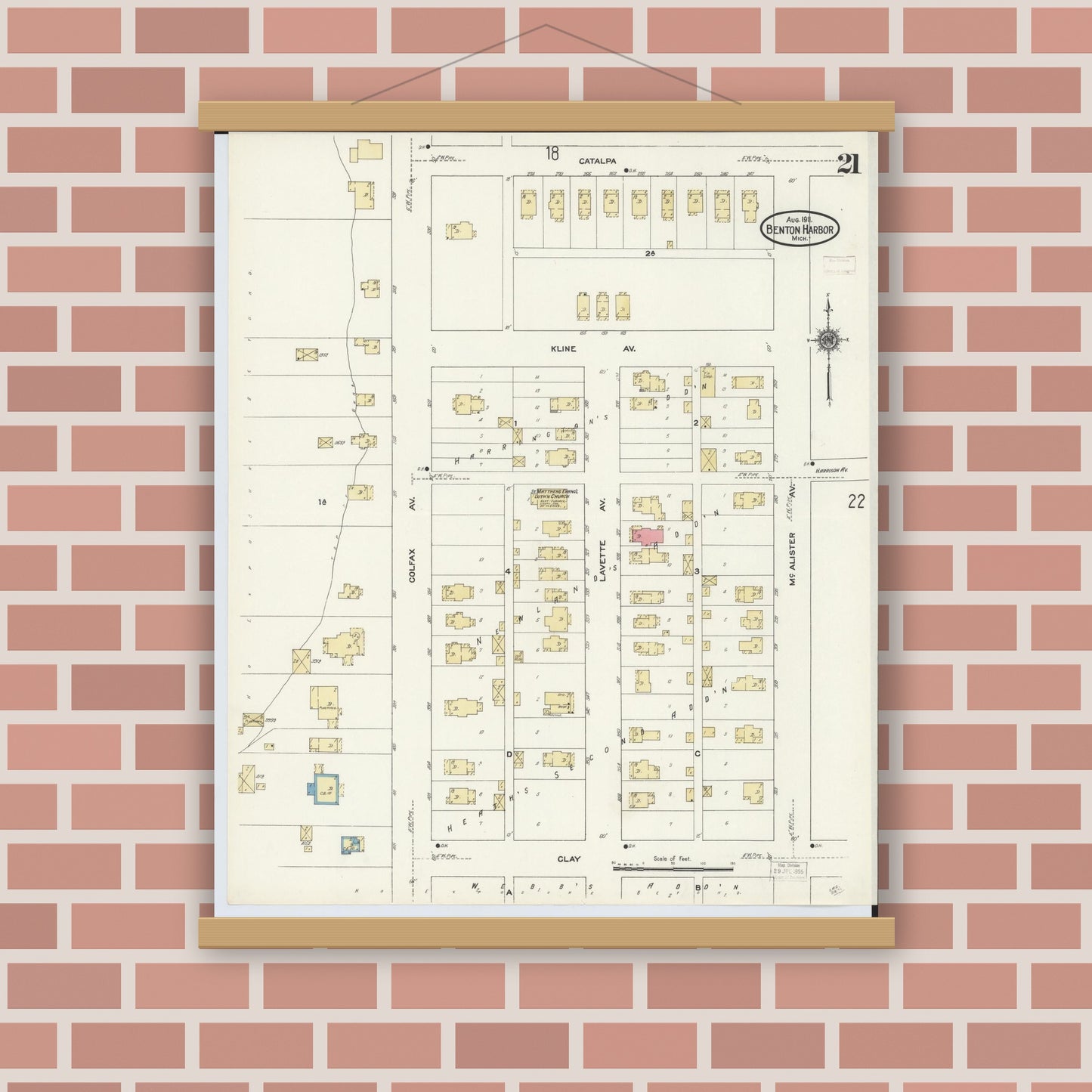 Old map wall art mockup — magnetic wood frame on brick wall — Sanborn Fire Insurance Map from Benton Harbor, Berrien County, Michigan (1911), Sheet #0021
