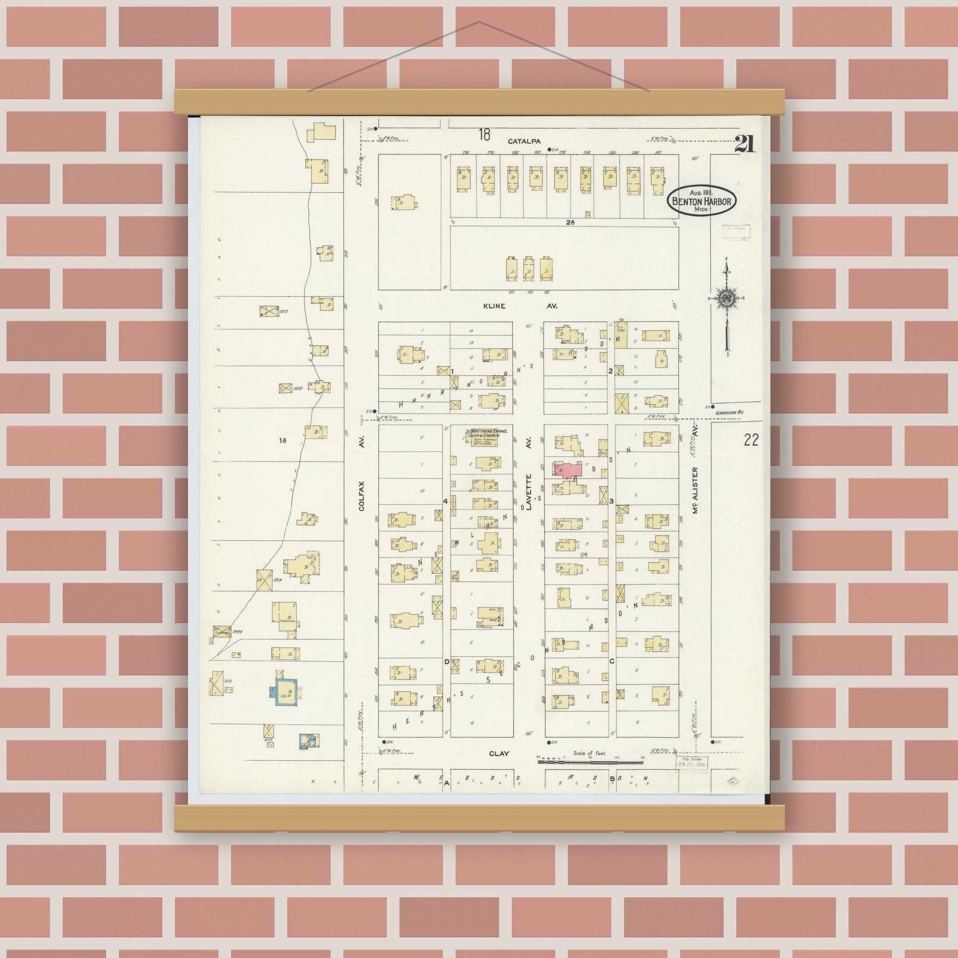 Old map wall art mockup — magnetic wood frame on brick wall — Sanborn Fire Insurance Map from Benton Harbor, Berrien County, Michigan (1911), Sheet #0021