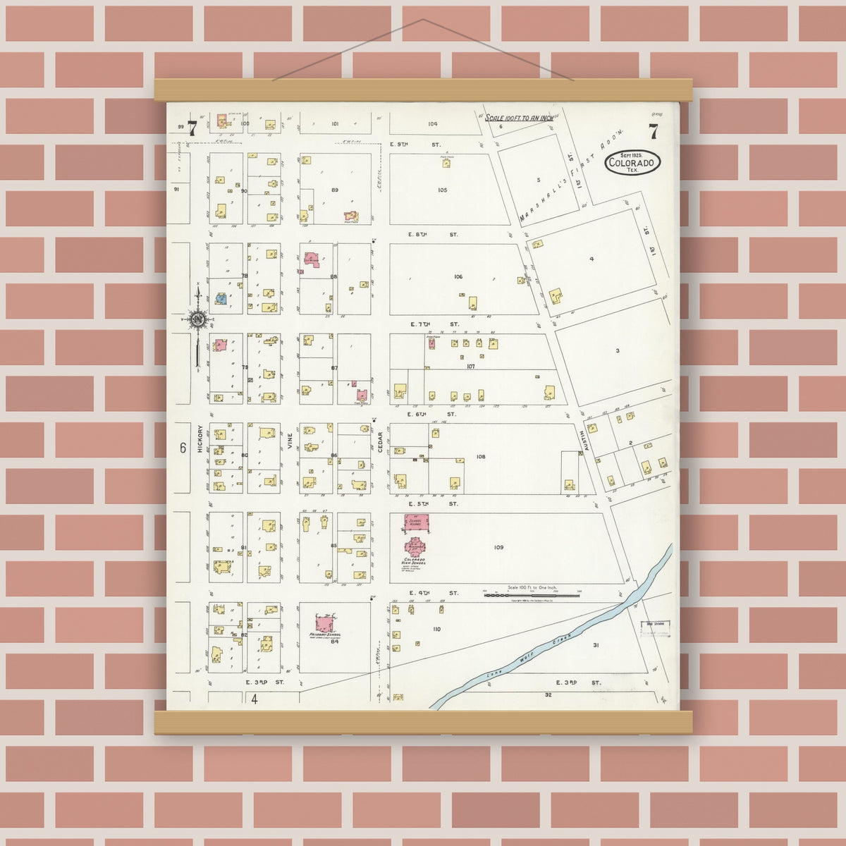 Old map wall art mockup — magnetic wood frame on brick wall — Sanborn Fire Insurance Map from Colorado, Mitchell County, Texas (1925), Sheet #0007