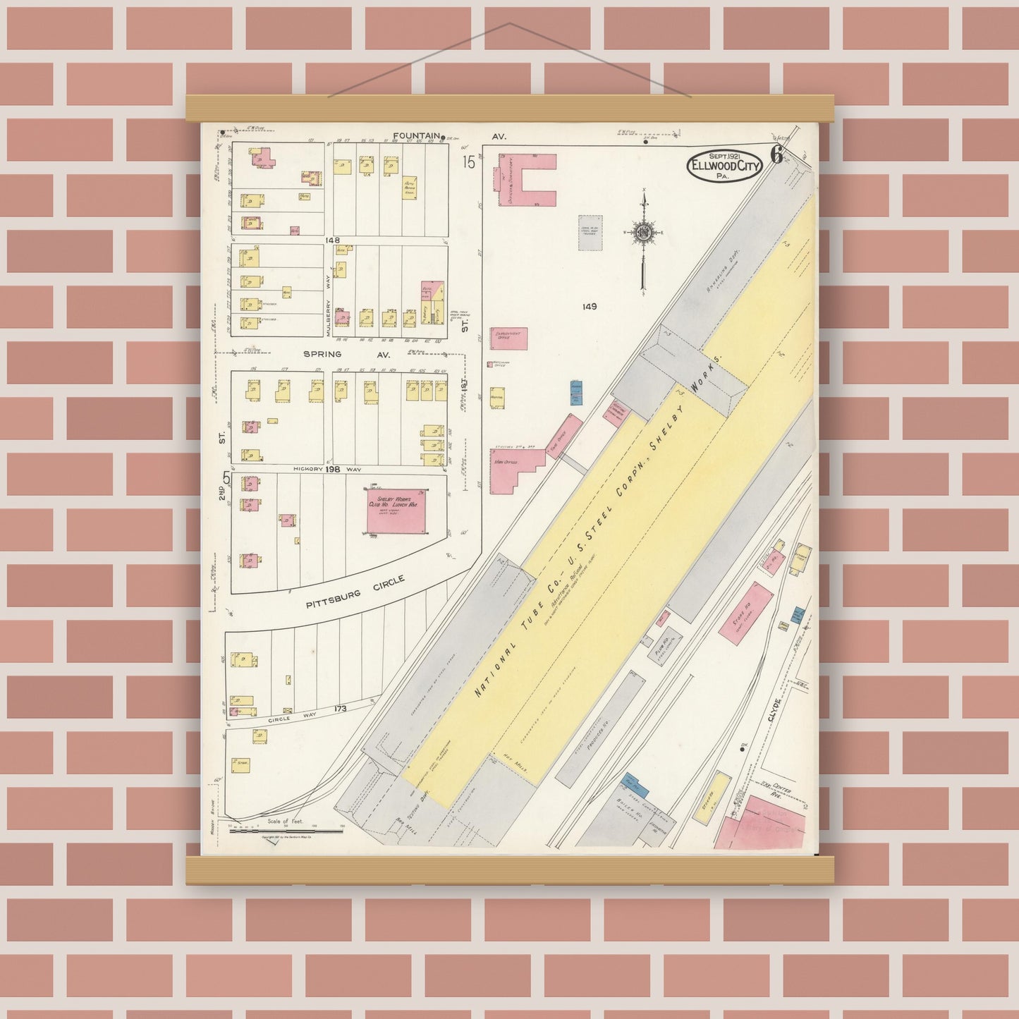 Old map wall art mockup — magnetic wood frame on brick wall — Sanborn Fire Insurance Map from Ellwood City, Lawrence County, Pennsylvania (1921), Sheet #0006