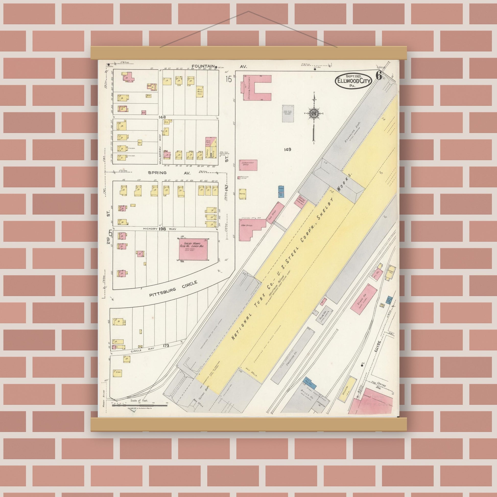 Old map wall art mockup — magnetic wood frame on brick wall — Sanborn Fire Insurance Map from Ellwood City, Lawrence County, Pennsylvania (1921), Sheet #0006