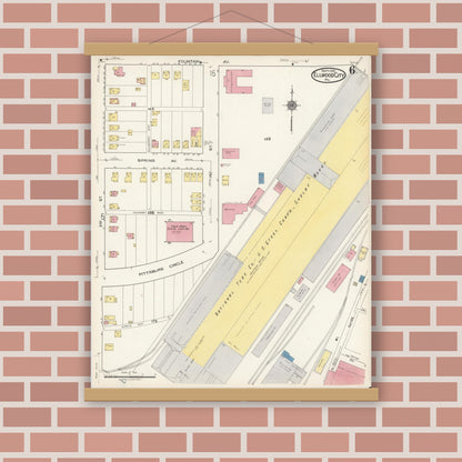 Old map wall art mockup — magnetic wood frame on brick wall — Sanborn Fire Insurance Map from Ellwood City, Lawrence County, Pennsylvania (1921), Sheet #0006