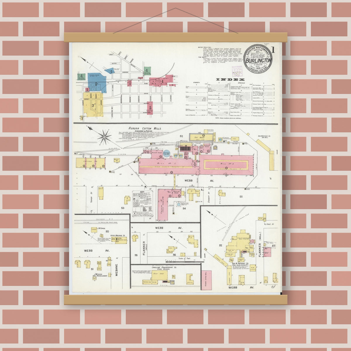 Old map wall art mockup — magnetic wood frame on brick wall — Sanborn Fire Insurance Map from Burlington, Alamance County, North Carolina (1908) - Complete Map Set