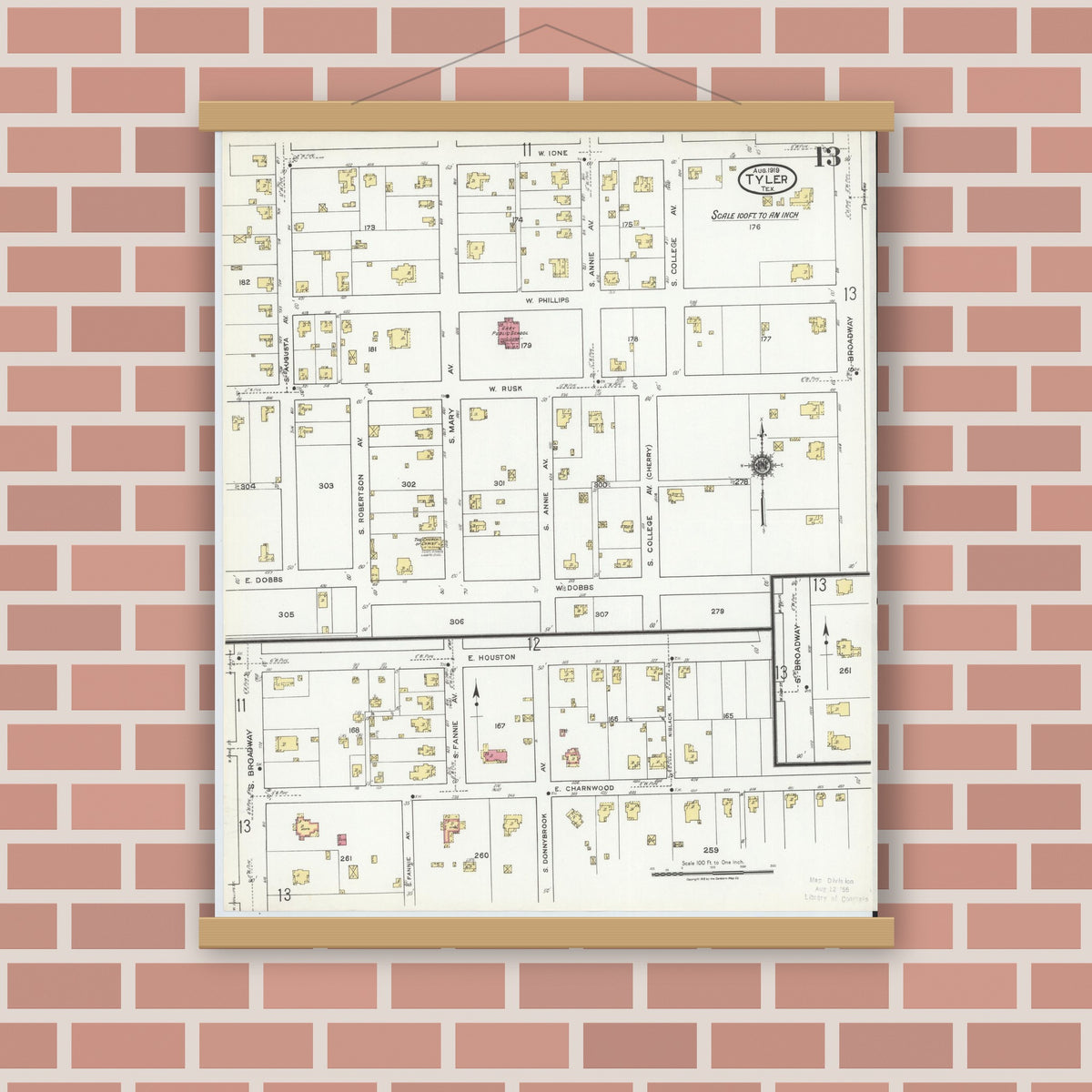Old map wall art mockup — magnetic wood frame on brick wall — Sanborn Fire Insurance Map from Tyler, Smith County, Texas (1919), Sheet #0013