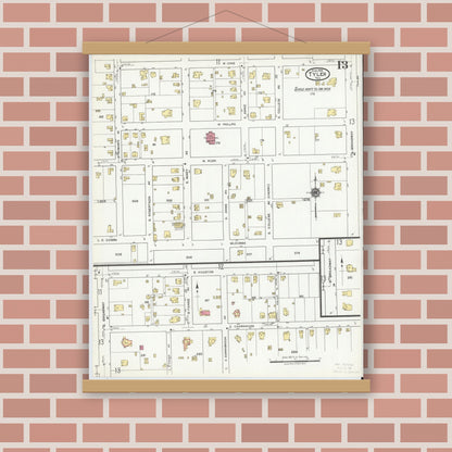 Old map wall art mockup — magnetic wood frame on brick wall — Sanborn Fire Insurance Map from Tyler, Smith County, Texas (1919), Sheet #0013