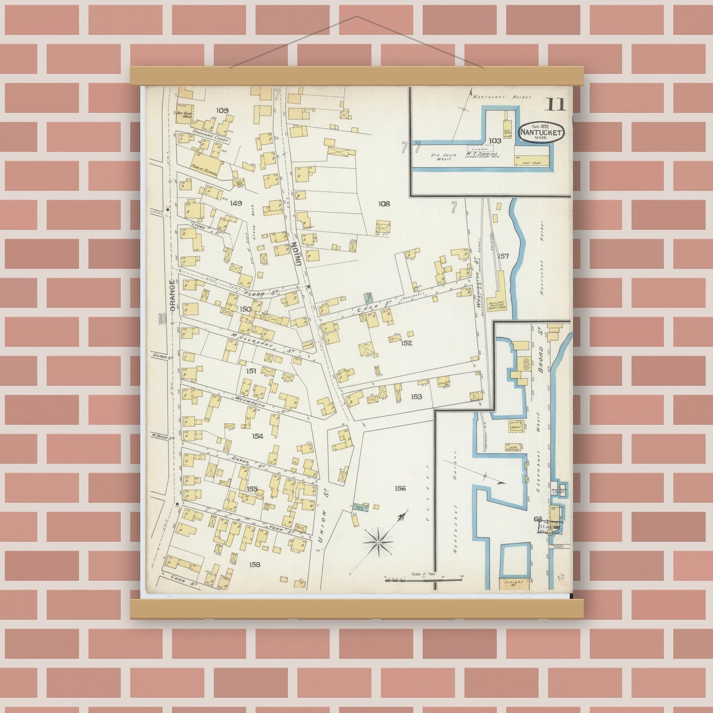 Old map wall art mockup — magnetic wood frame on brick wall — Sanborn Fire Insurance Map from Nantucket, Nantucket County, Massachusetts (1892), Sheet #0011
