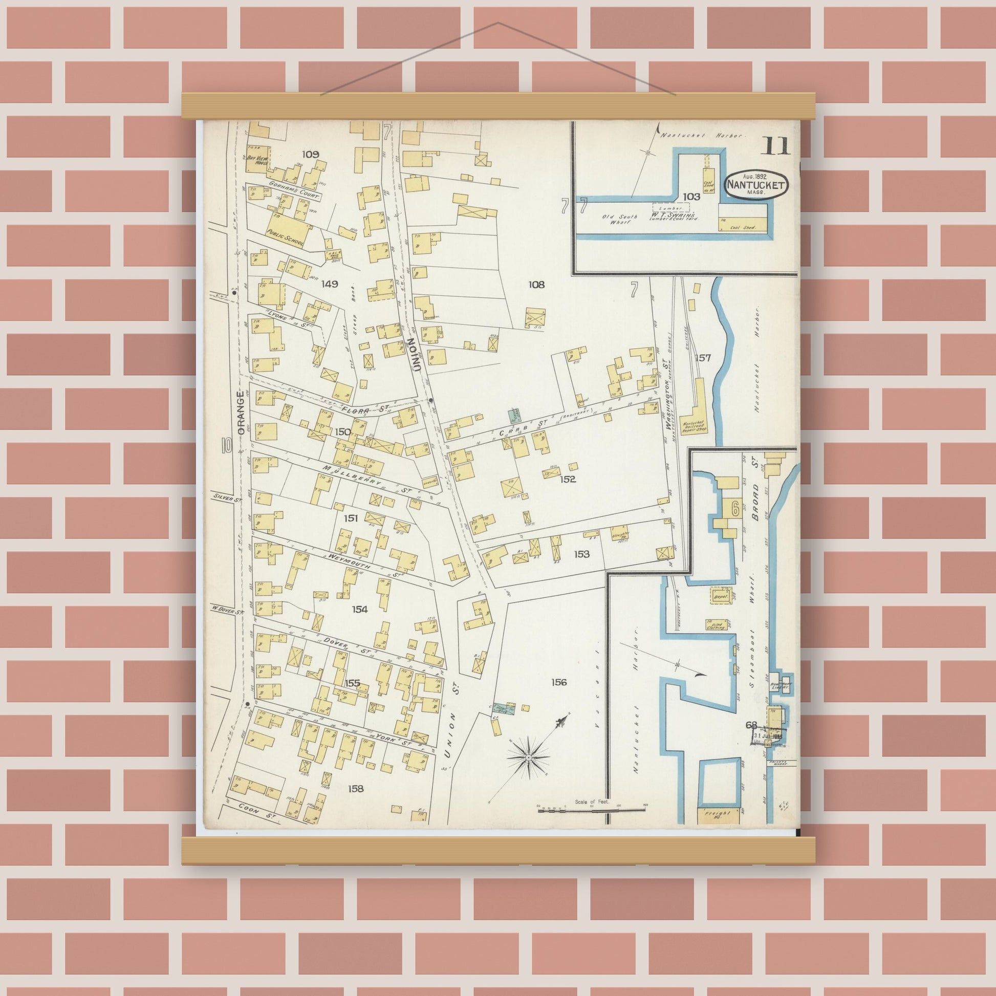 Old map wall art mockup — magnetic wood frame on brick wall — Sanborn Fire Insurance Map from Nantucket, Nantucket County, Massachusetts (1892), Sheet #0011