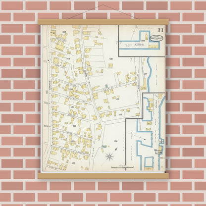 Old map wall art mockup — magnetic wood frame on brick wall — Sanborn Fire Insurance Map from Nantucket, Nantucket County, Massachusetts (1892), Sheet #0011