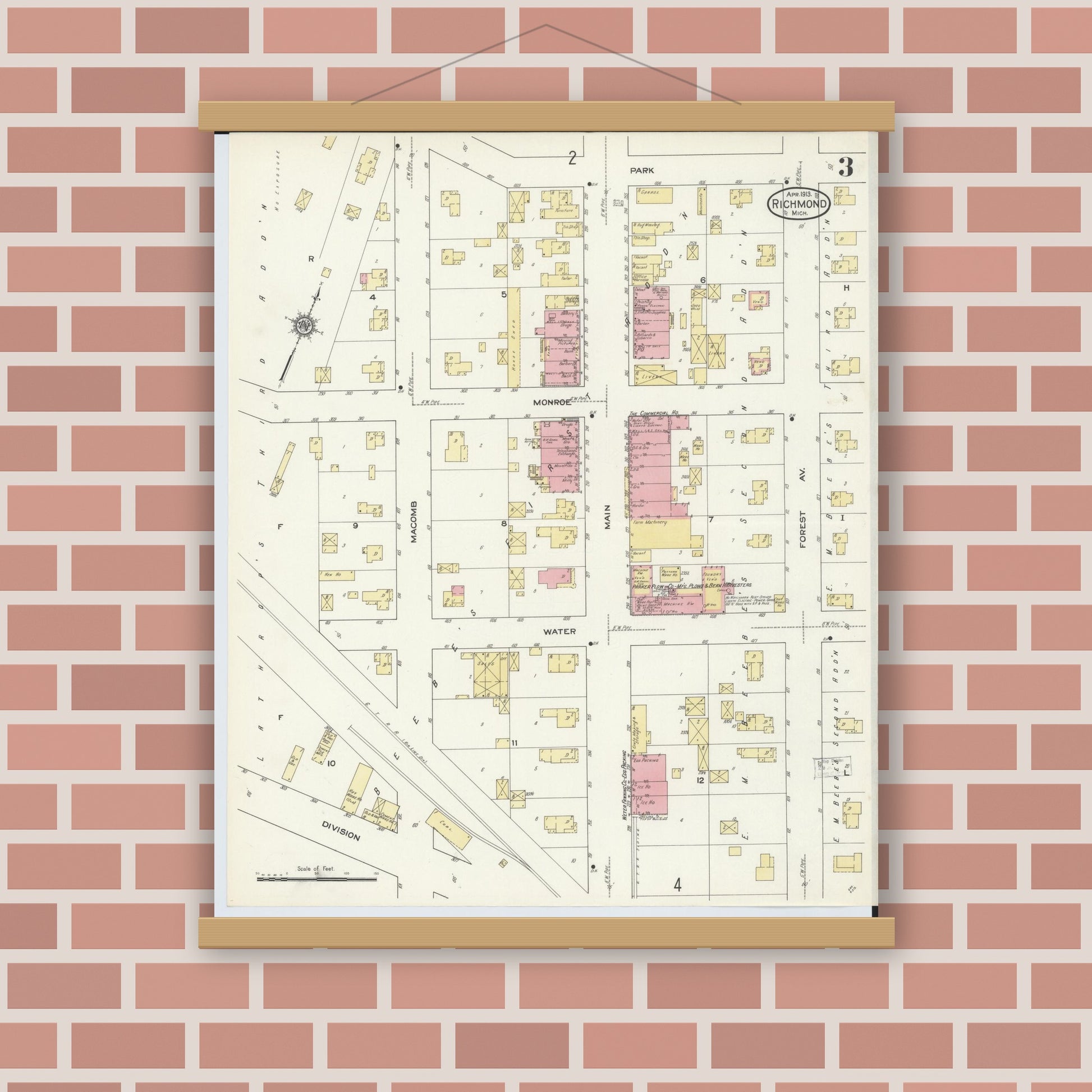 Old map wall art mockup — magnetic wood frame on brick wall — Sanborn Fire Insurance Map from Richmond, Macomb County, Michigan (1913), Sheet #0003