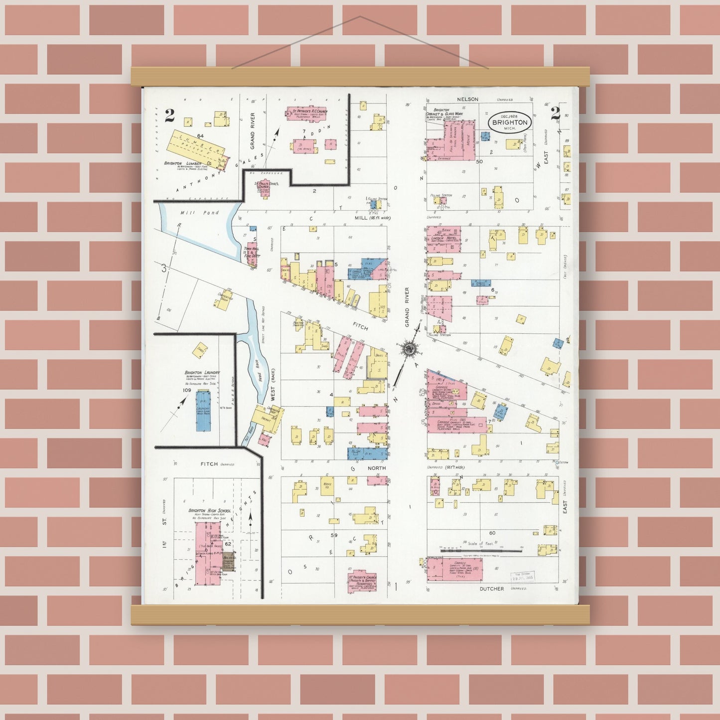 Old map wall art mockup — magnetic wood frame on brick wall — Sanborn Fire Insurance Map from Brighton, Livingston County, Michigan (1928), Sheet #0002