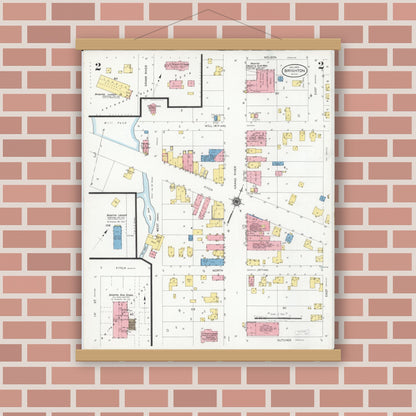 Old map wall art mockup — magnetic wood frame on brick wall — Sanborn Fire Insurance Map from Brighton, Livingston County, Michigan (1928), Sheet #0002