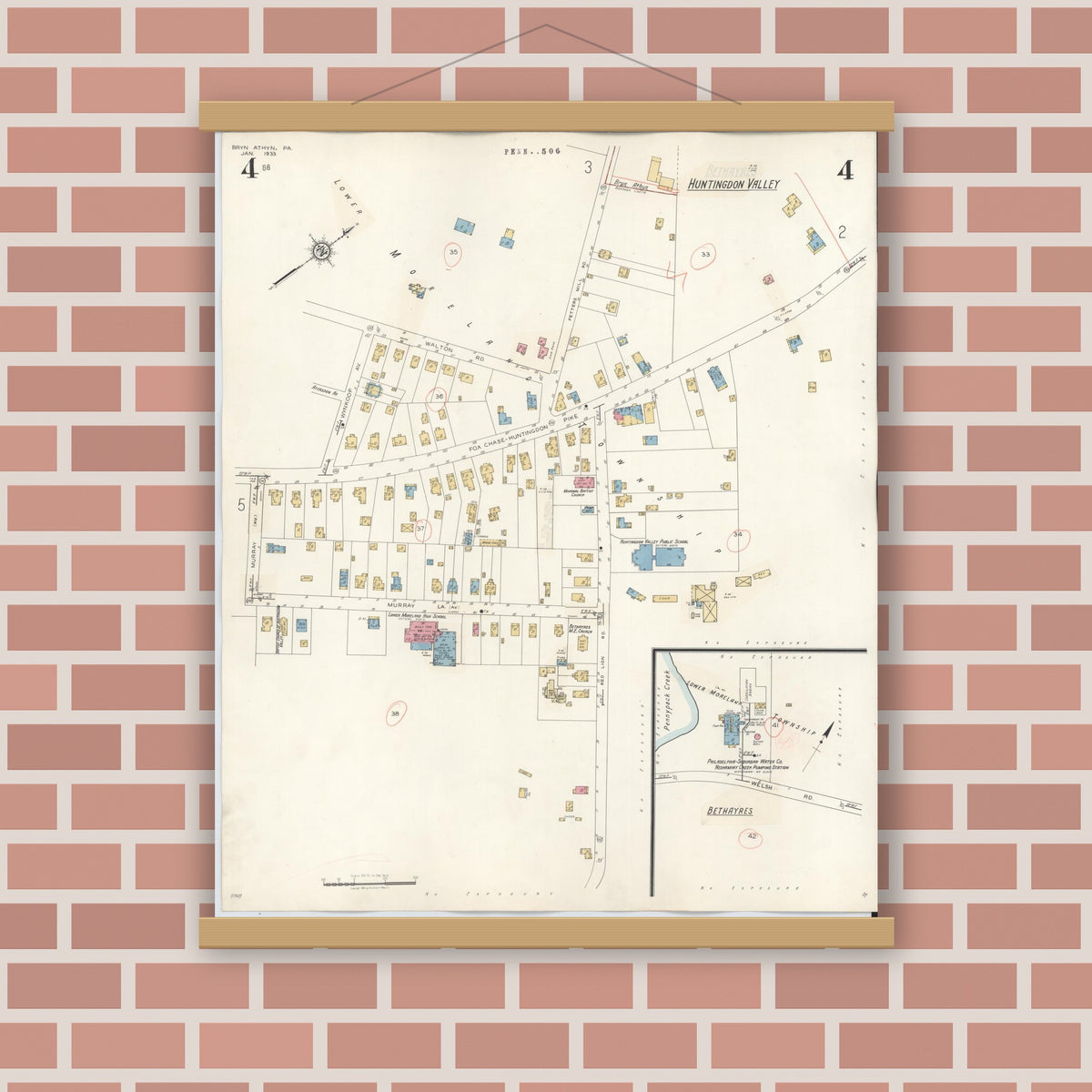 Old map wall art mockup — magnetic wood frame on brick wall — Sanborn Fire Insurance Map from Bryn Athyn, Montgomery County, Pennsylvania (1941), Sheet #0004