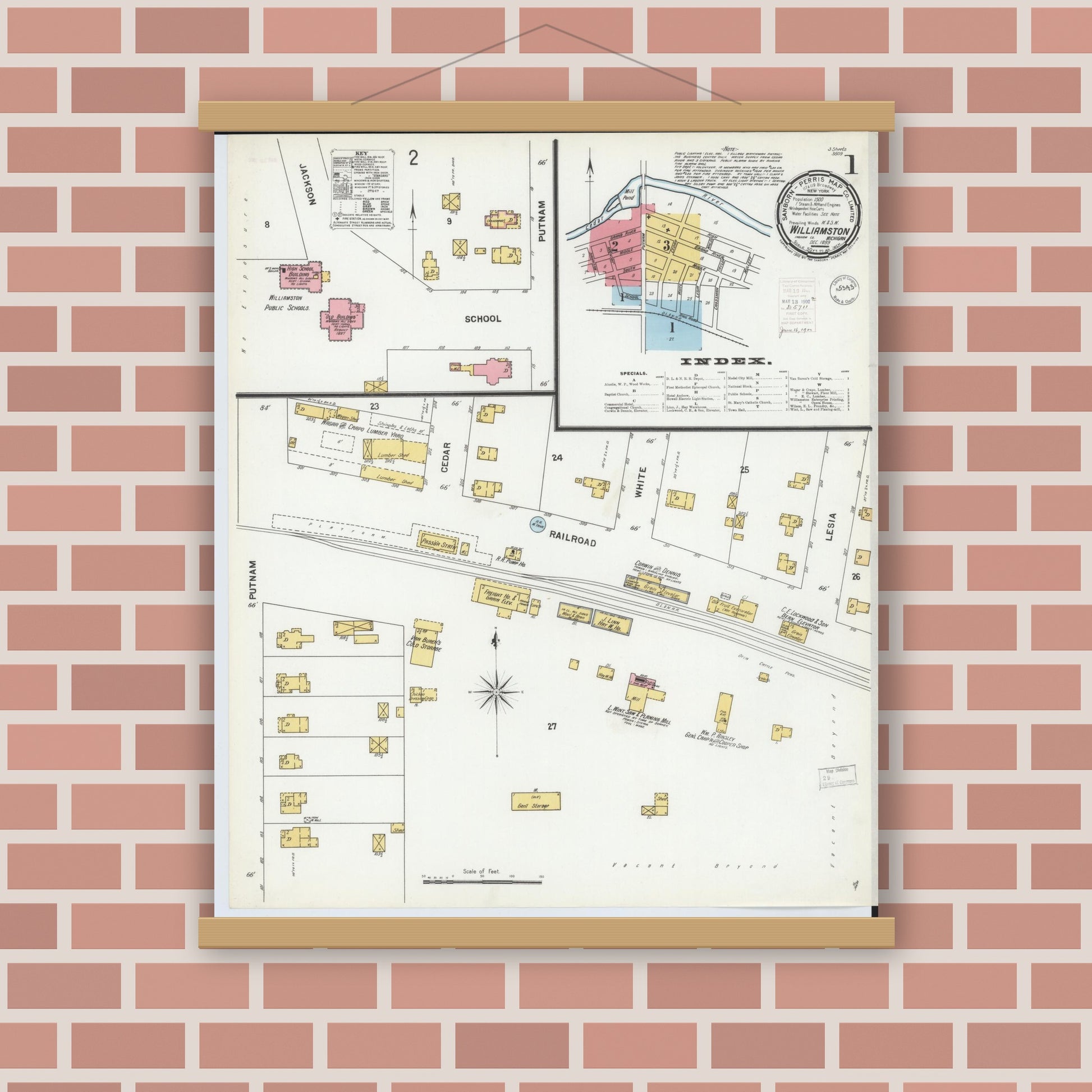 Old map wall art mockup — magnetic wood frame on brick wall — Sanborn Fire Insurance Map from Williamston, Ingham County, Michigan (1899), Sheet #0001