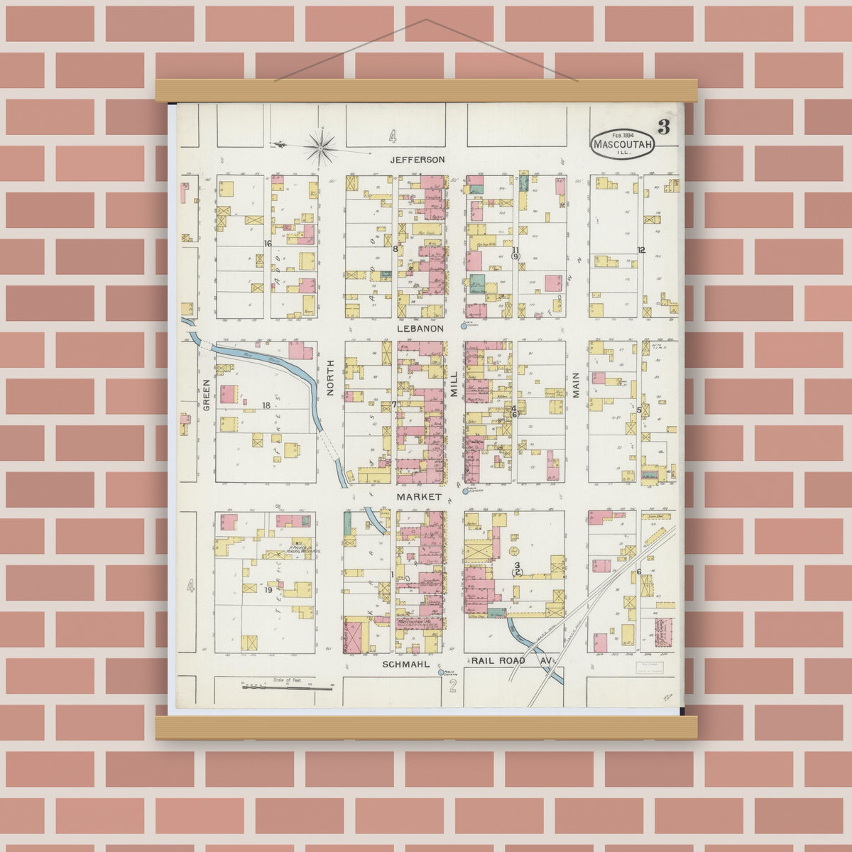 Old map wall art mockup — magnetic wood frame on brick wall — Sanborn Fire Insurance Map from Mascoutah, Saint Clair County, Illinois (1894), Sheet #0003