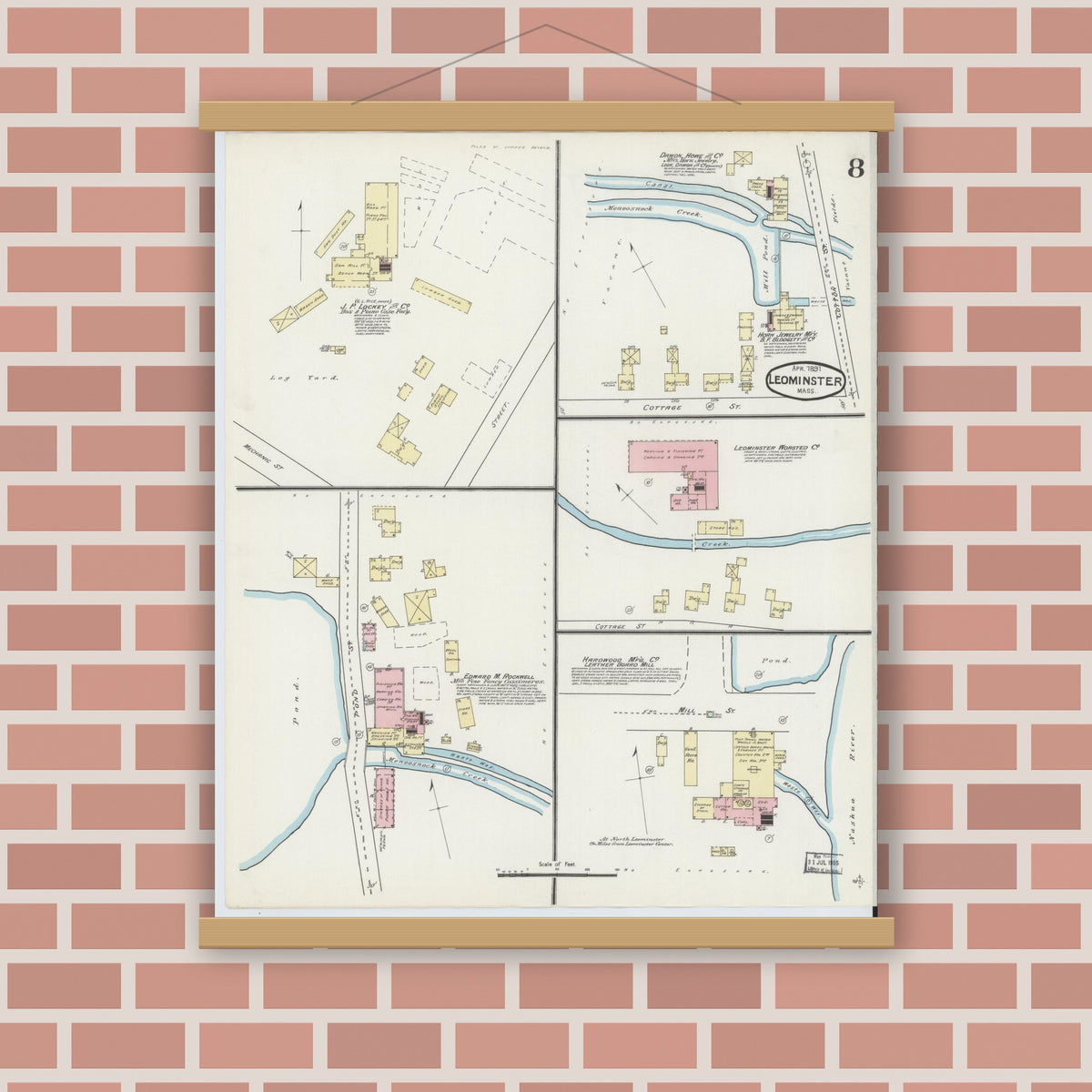 Old map wall art mockup — magnetic wood frame on brick wall — Sanborn Fire Insurance Map from Leominster, Worcester County, Massachusetts (1891), Sheet #0008