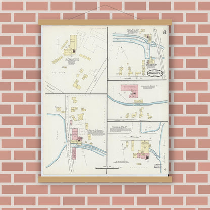 Old map wall art mockup — magnetic wood frame on brick wall — Sanborn Fire Insurance Map from Leominster, Worcester County, Massachusetts (1891), Sheet #0008