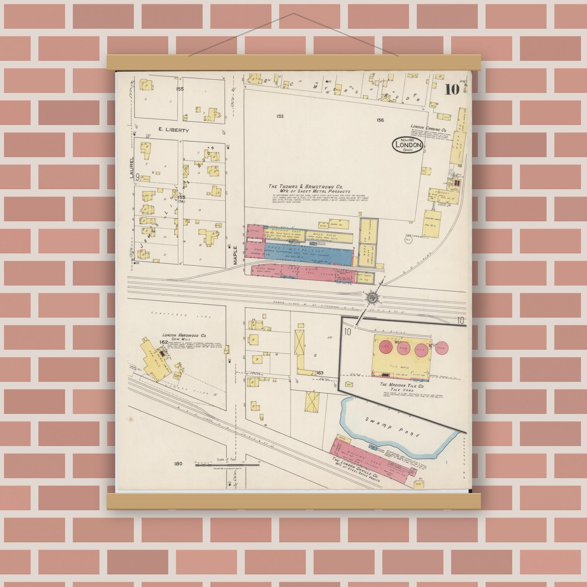 Old map wall art mockup — magnetic wood frame on brick wall — Sanborn Fire Insurance Map from London, Madison County, Ohio (1921), Sheet #0010