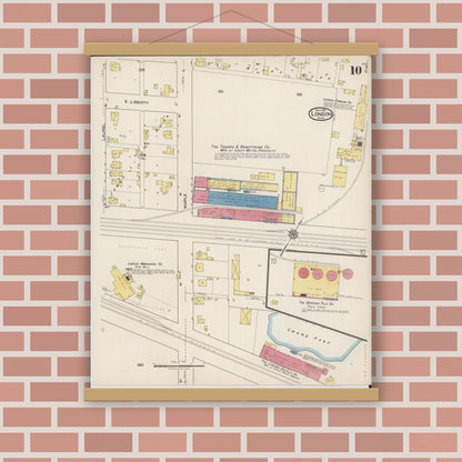 Old map wall art mockup — magnetic wood frame on brick wall — Sanborn Fire Insurance Map from London, Madison County, Ohio (1921), Sheet #0010