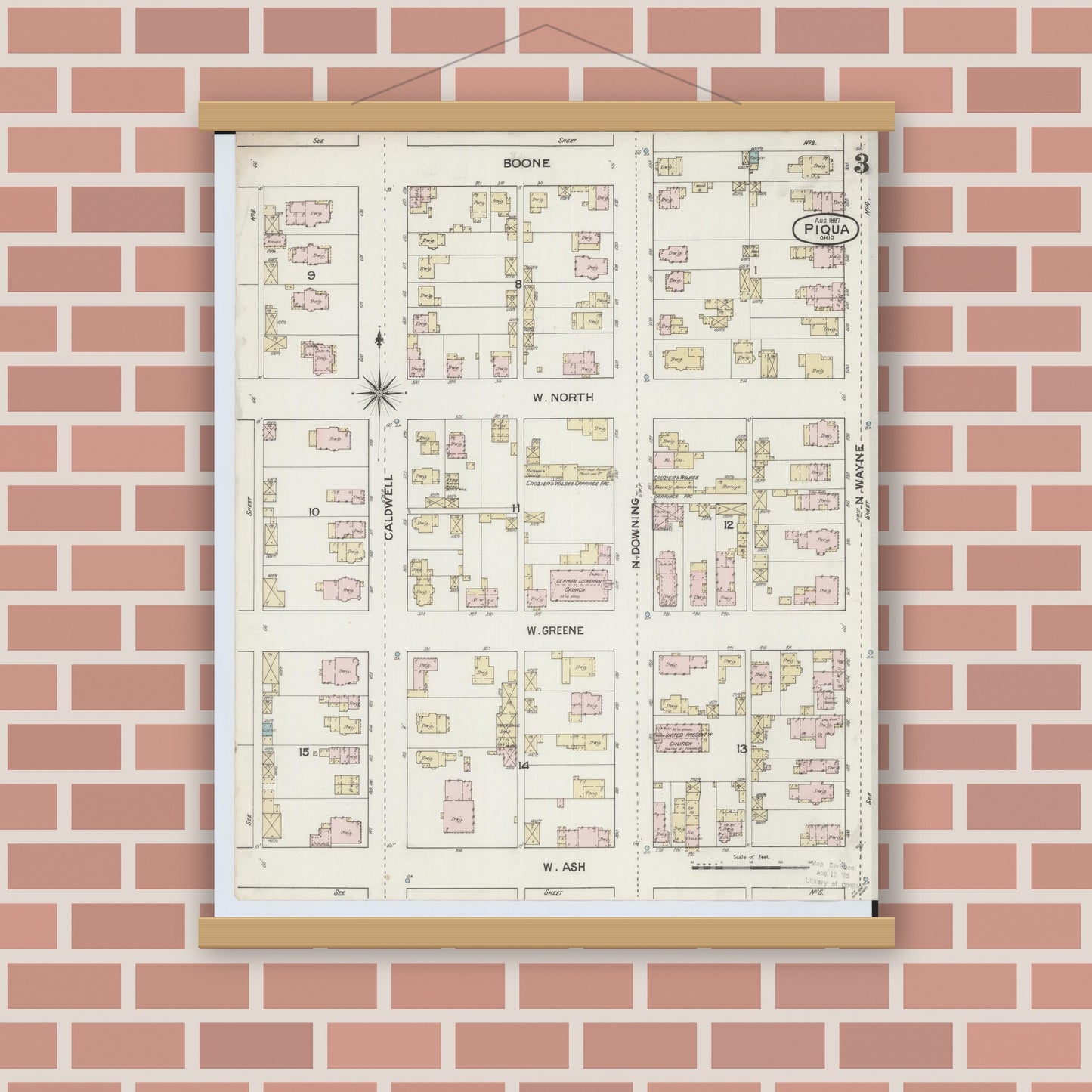Old map wall art mockup — magnetic wood frame on brick wall — Sanborn Fire Insurance Map from Piqua, Miami County, Ohio (1887), Sheet #0003