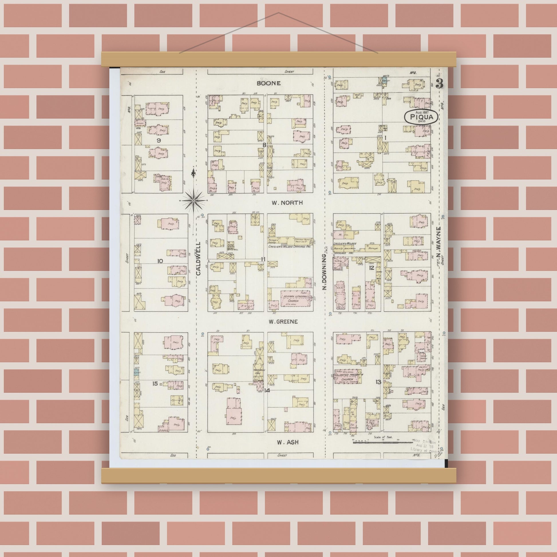 Old map wall art mockup — magnetic wood frame on brick wall — Sanborn Fire Insurance Map from Piqua, Miami County, Ohio (1887), Sheet #0003