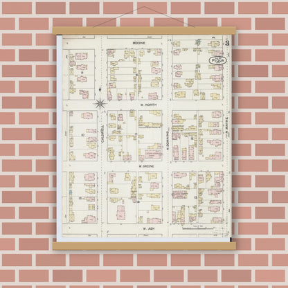 Old map wall art mockup — magnetic wood frame on brick wall — Sanborn Fire Insurance Map from Piqua, Miami County, Ohio (1887), Sheet #0003