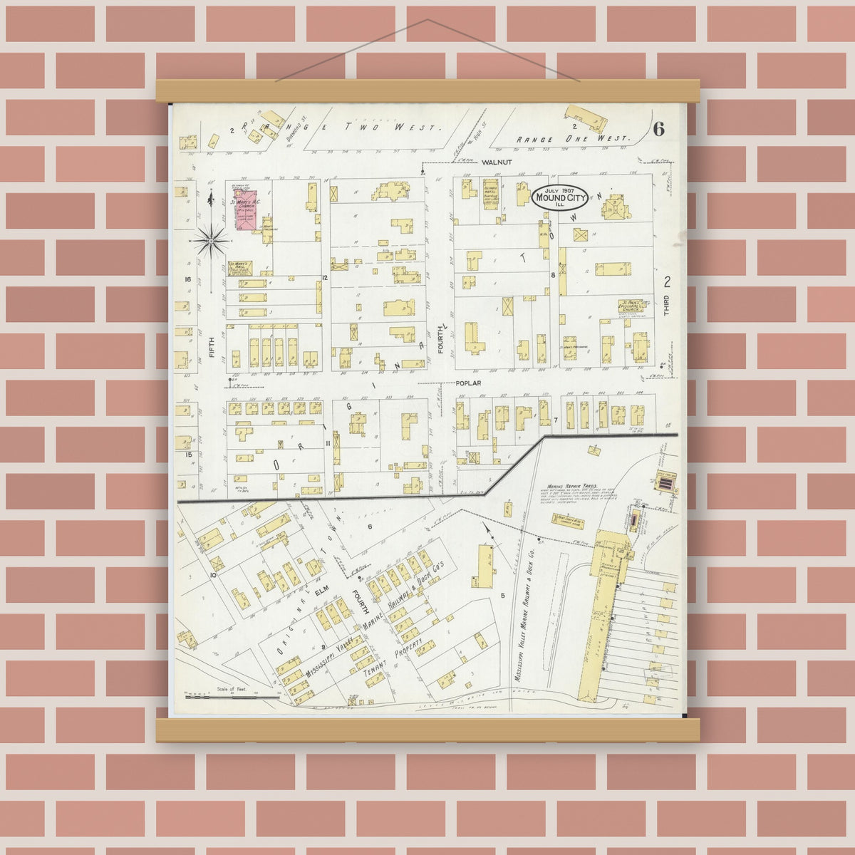 Old map wall art mockup — magnetic wood frame on brick wall — Sanborn Fire Insurance Map from Mound City, Pulaski County, Illinois (1907), Sheet #0006