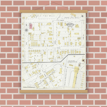 Old map wall art mockup — magnetic wood frame on brick wall — Sanborn Fire Insurance Map from Mound City, Pulaski County, Illinois (1907), Sheet #0006