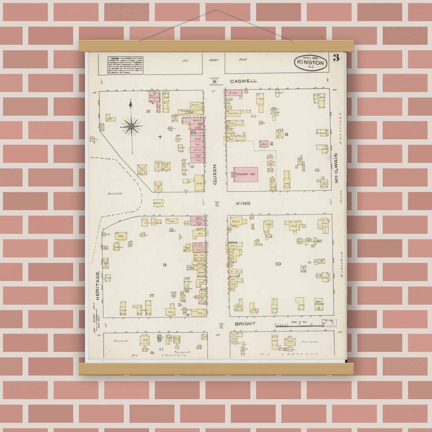 Old map wall art mockup — magnetic wood frame on brick wall — Sanborn Fire Insurance Map from Kinston, Lenoir County, North Carolina (1885), Sheet #0003