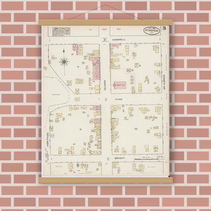 Old map wall art mockup — magnetic wood frame on brick wall — Sanborn Fire Insurance Map from Kinston, Lenoir County, North Carolina (1885), Sheet #0003